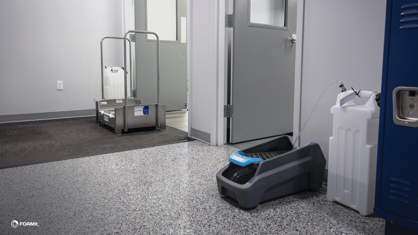 Airless footwear sanitation systems setup at doorway entries