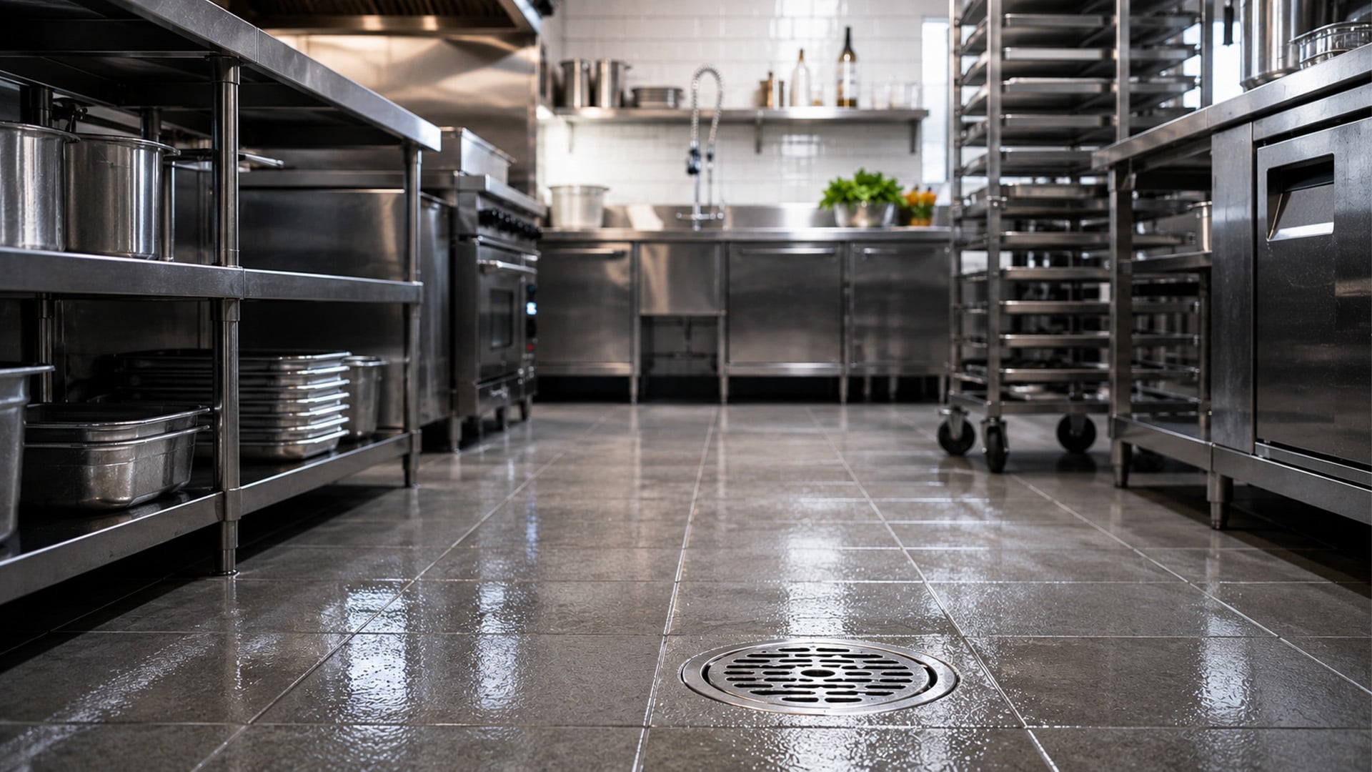 Low-angle view of a spotless commercial kitchen with stainless steel equipment, reflective tiled floors, and a floor drain in the foreground. The image highlights a clean foodservice environment with prep tables, shelving, ovens, and industrial kitchen fixtures.